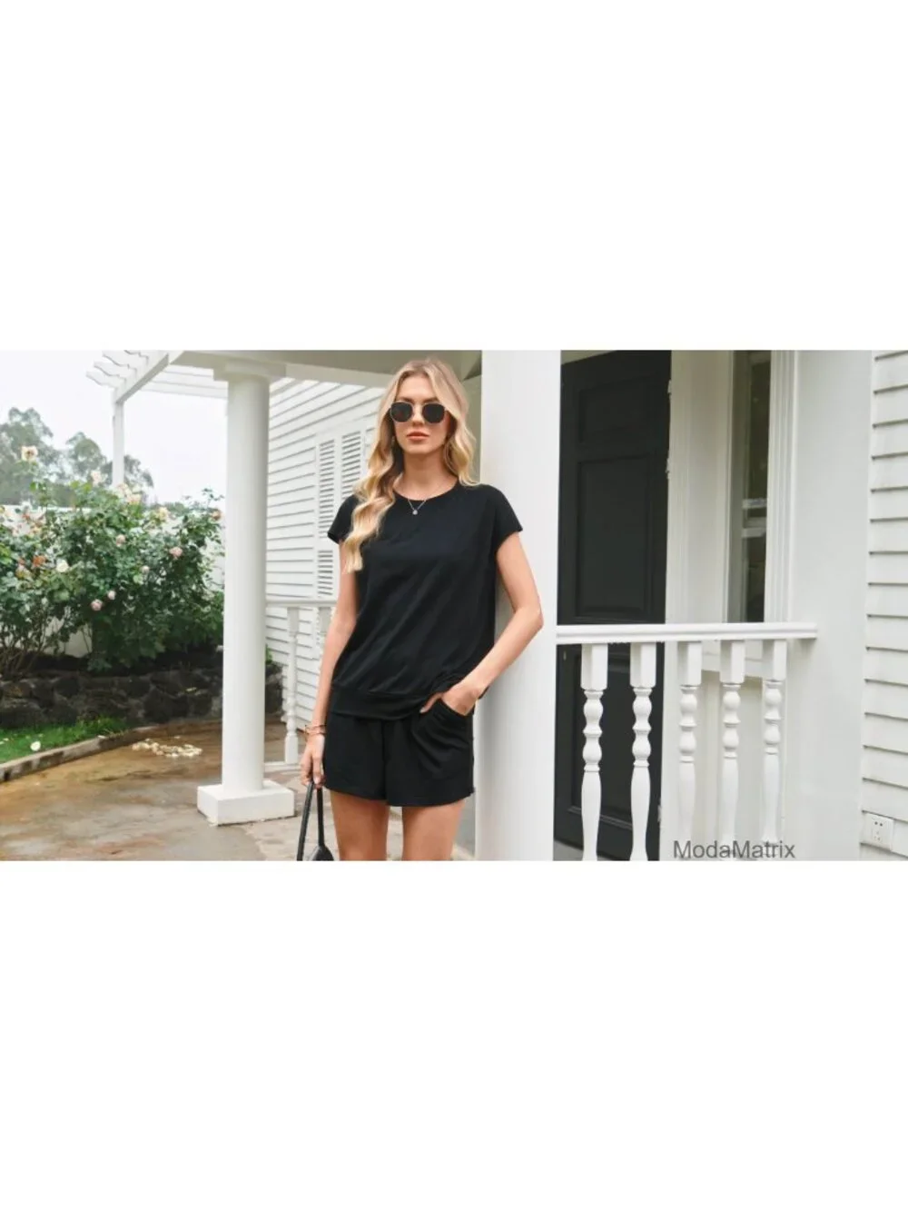 Two Piece Lounge Short Set Women Summer Crew Neck Drawstring Sweatsuit